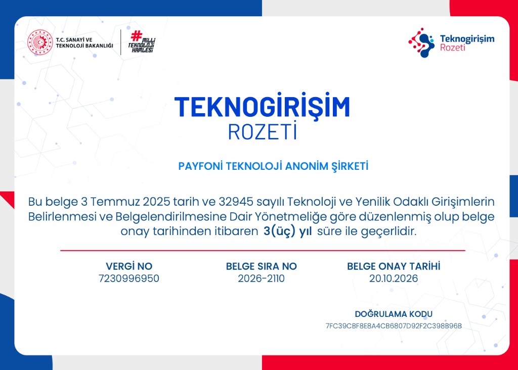 Payfoni Teknoloji A.Ş. Teknogirişim Rozeti Belgesi
